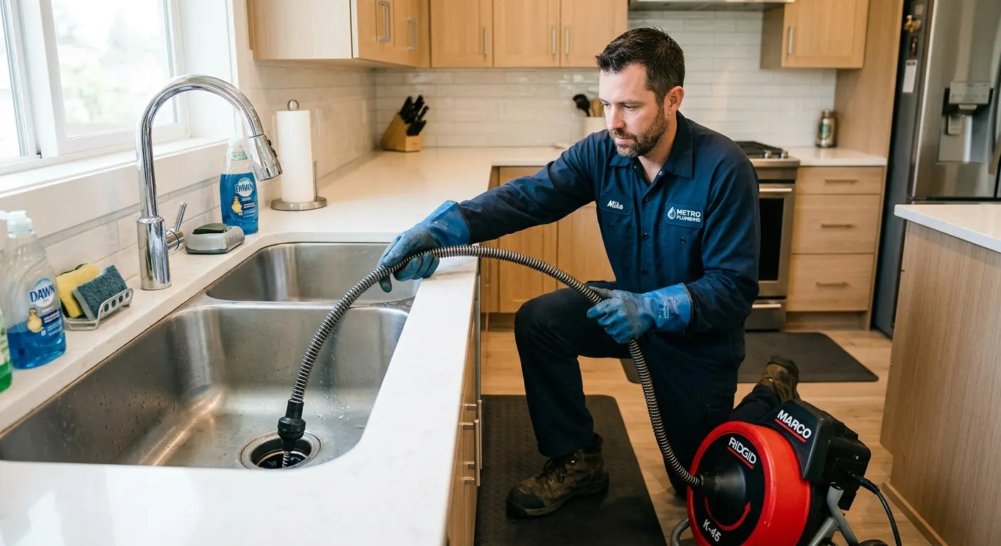Drain cleaning technician using a motorized snake on a kitchen sink in Lake Norman of Catawba