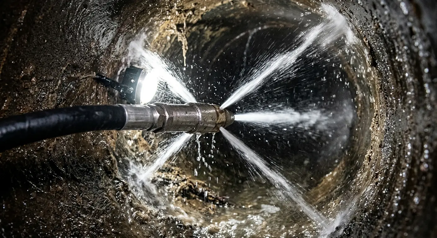 High-pressure hydro jetting nozzle cleaning sewer pipe for Sewer Line Relining in Lake Norman of Catawba