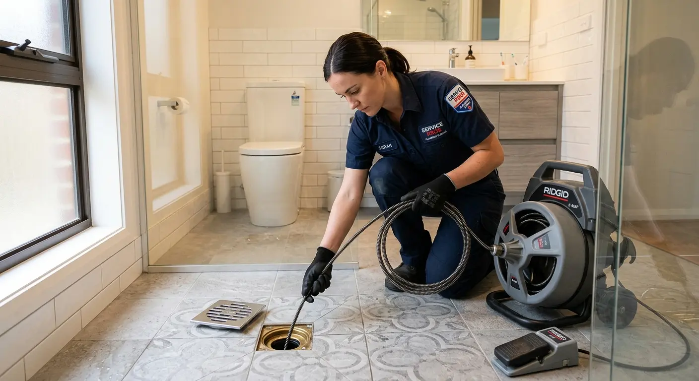 Technician clearing a bathroom floor drain for Hydro Jetting in Lake Norman of Catawba
